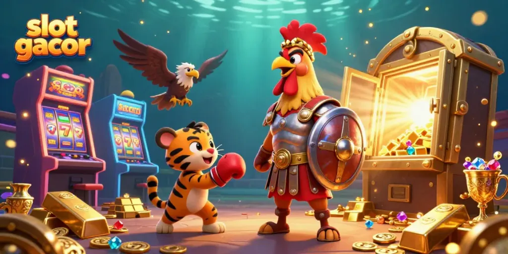 Engage with slot gacor in a vibrant casino scene filled with gold bars and exciting slot machines.