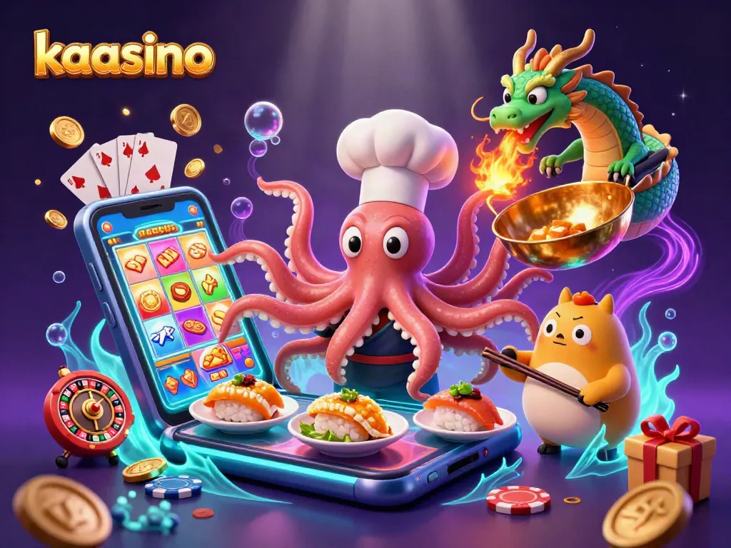 Kaasino offers a thrilling gaming experience with a vibrant scene featuring a sushi chef octopus and a dragon.