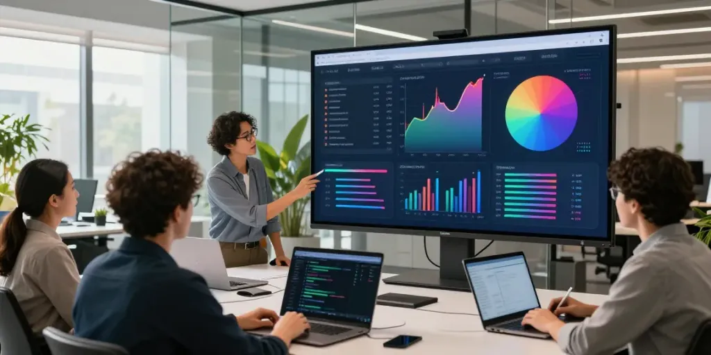 Dynamic team analyzing AI search visibility metrics in a modern office.