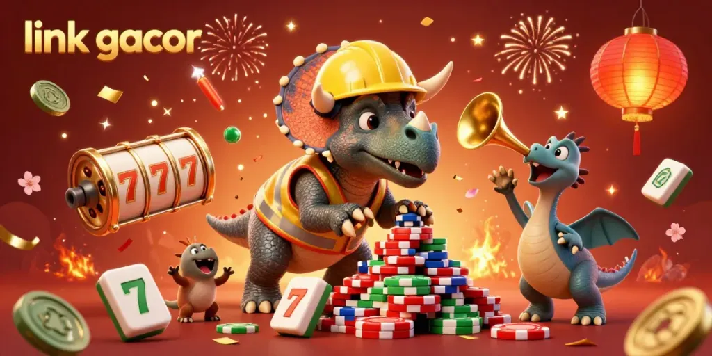 Engage with link gacor through this vibrant scene showcasing a cartoon triceratops celebrating big wins amid dynamic casino elements.