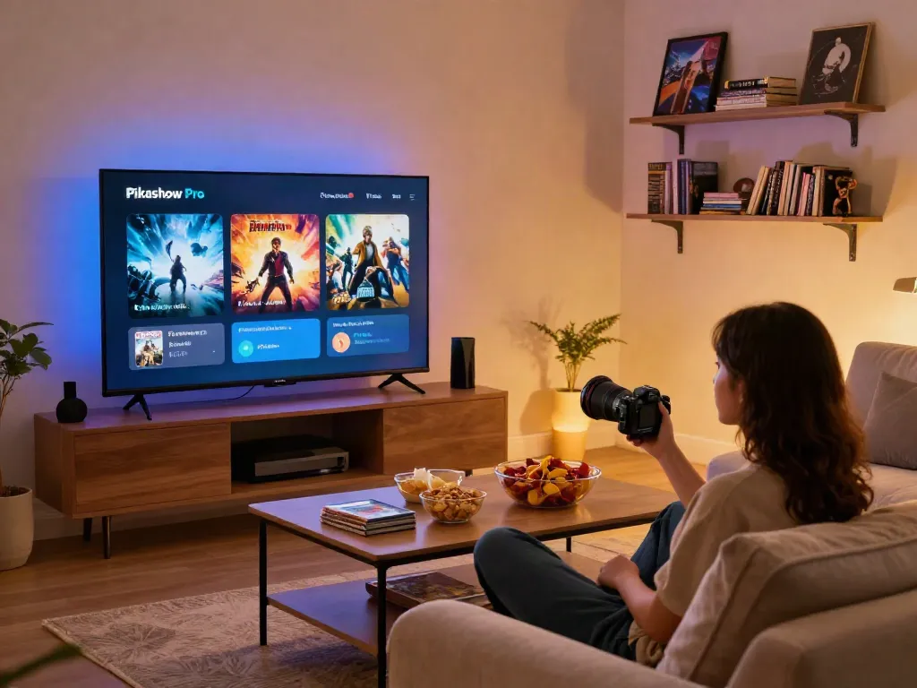 Pikashow Pro user enjoying streaming on a smart TV in a cozy living room.