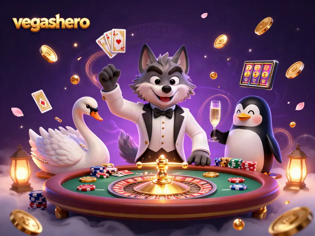 Spin to win at vegashero with a debonair wolf, elegant swan, and sophisticated penguin in a vibrant casino scene.