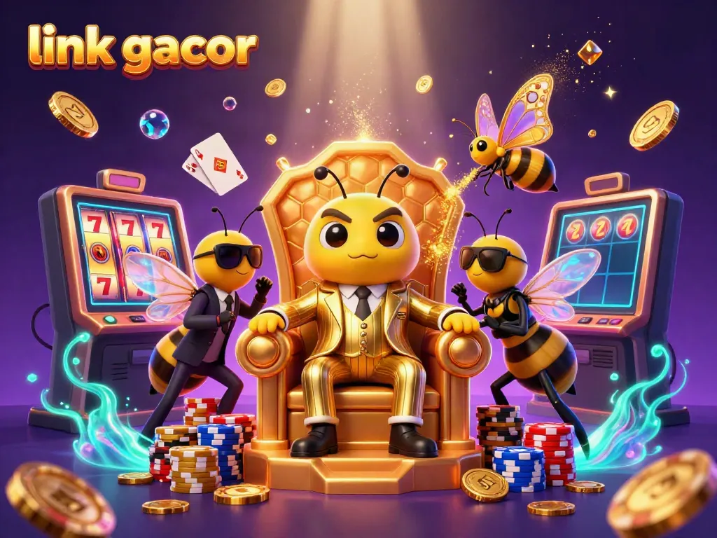 Engage with link gacor as a buzzing bumblebee mob boss leads a dynamic casino scene with glittering slots and gold coins.
