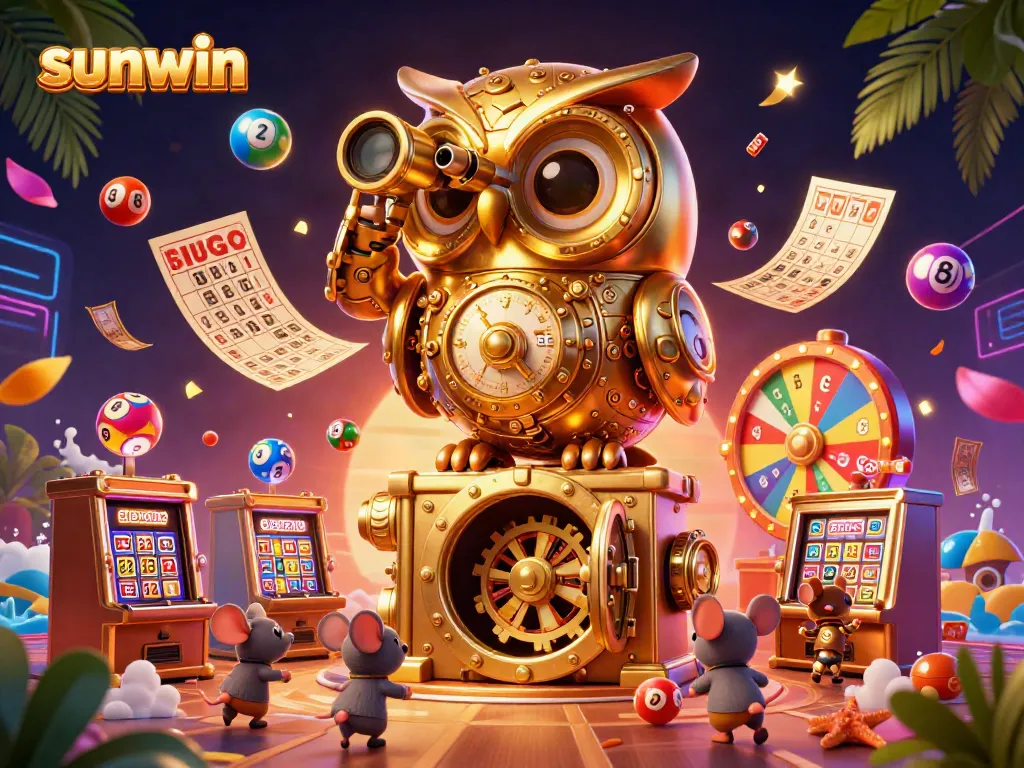 Experience the thrill of sunwin's vibrant casino atmosphere with a whimsical golden owl and dynamic game elements.