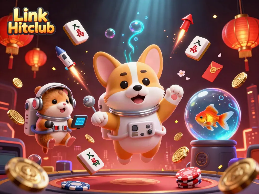 Experience the thrill of Link Hitclub with a vibrant 3D casino scene featuring floating poker chips and animated characters.
