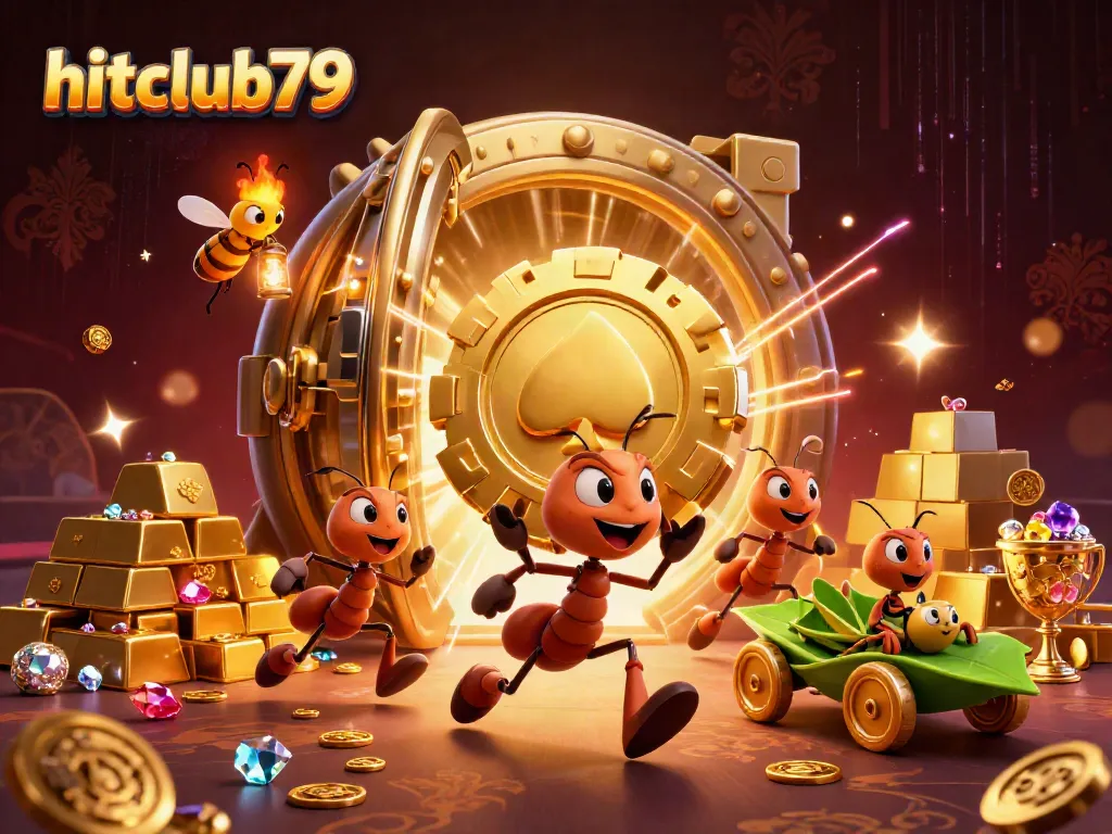 Hitclub79 captures action as ants steal a giant poker chip in a vibrant casino heist scene.