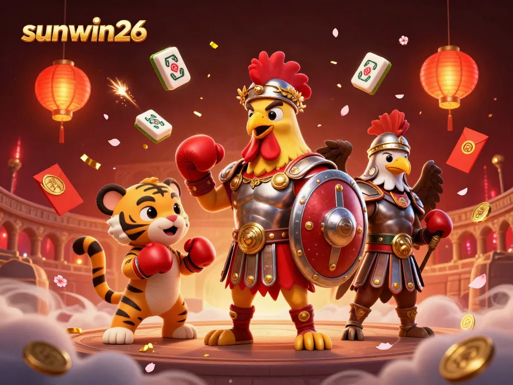 Engage with sunwin26 in a vibrant 3D illustration of a gladiator rooster and tiger cub, showcasing dynamic gambling themes.