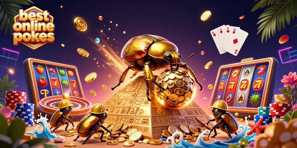 Experience the best online pokies with dynamic golden beetles, coins, and slot visuals for excitement.