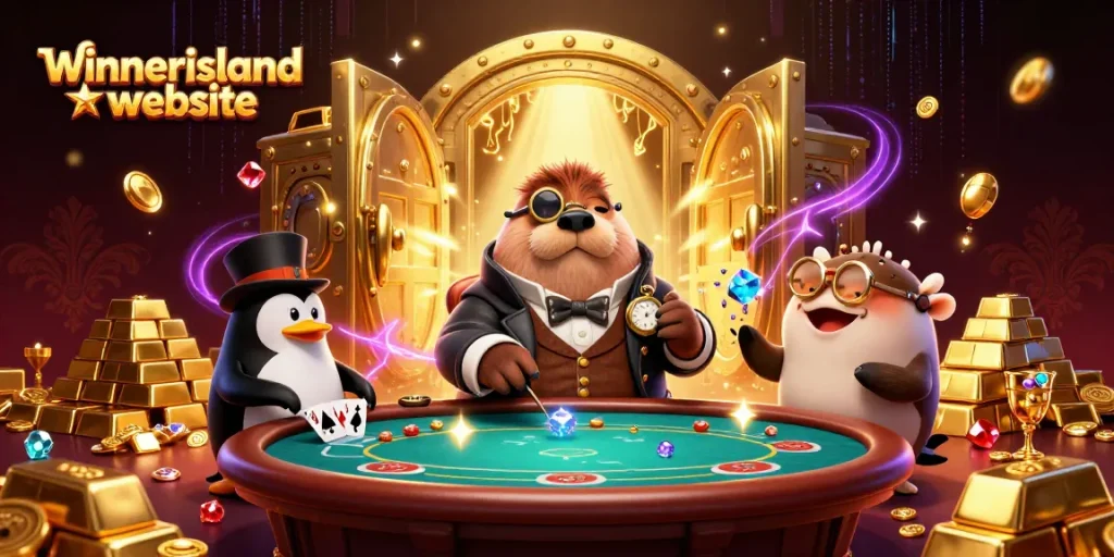 The winnerisland website showcases a vibrant poker game scene with lively characters in a treasure-filled ambiance.