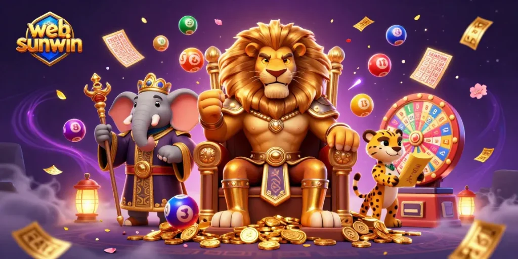 Experience the excitement of web sunwin with vibrant casino elements and characters in a dynamic 3D scene.