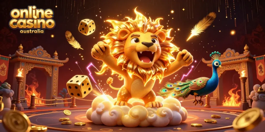 Experience fun at the online casino australia with a vibrant 3D scene featuring golden dice and a roaring lion.