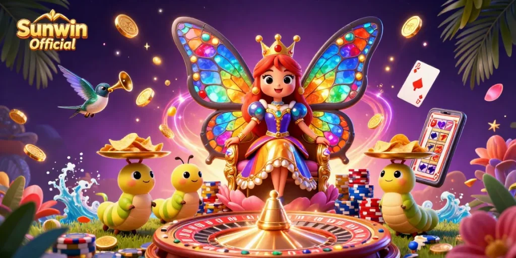 Experience the excitement of Sunwin Official with vibrant characters and dazzling casino elements in an enchanting scene.