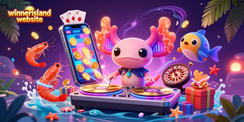 The winnerisland website showcases a vibrant 3D cartoon casino scene with an axolotl DJ, dancing shrimp, and engaging slot games.